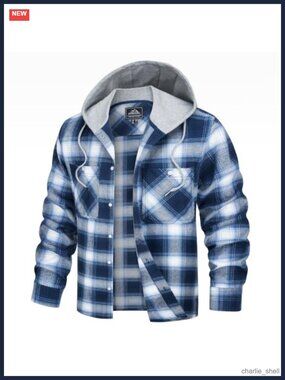 Men's Flannel Hoodie Plaid Button Down Shirt Cotton Long Sleeve Casual